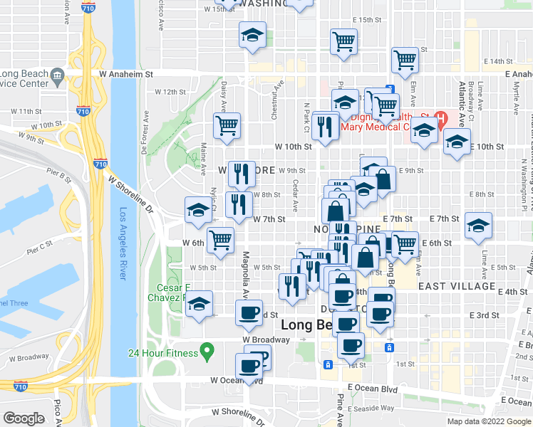 map of restaurants, bars, coffee shops, grocery stores, and more near 403 North Virginia Court in Long Beach