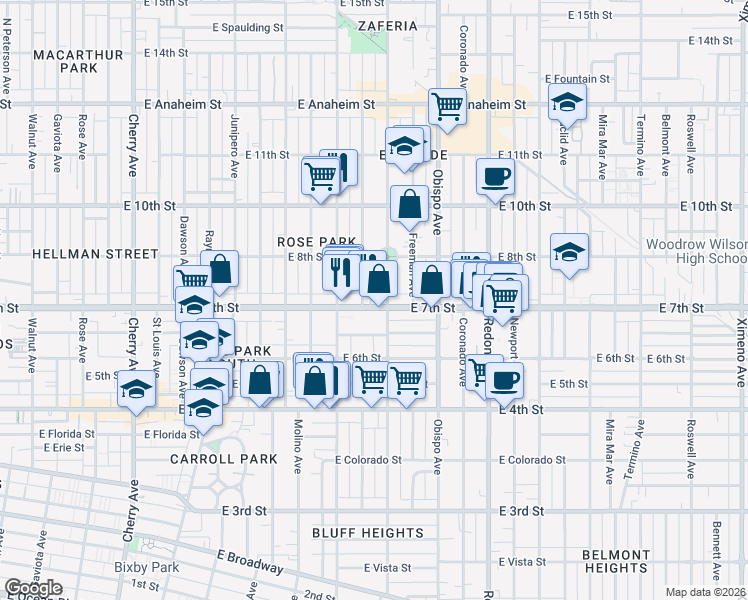 map of restaurants, bars, coffee shops, grocery stores, and more near 2925 East 7th Street in Long Beach
