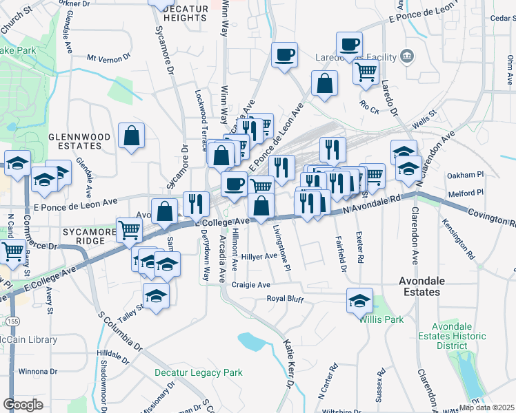 map of restaurants, bars, coffee shops, grocery stores, and more near 2748 East College Avenue in Decatur