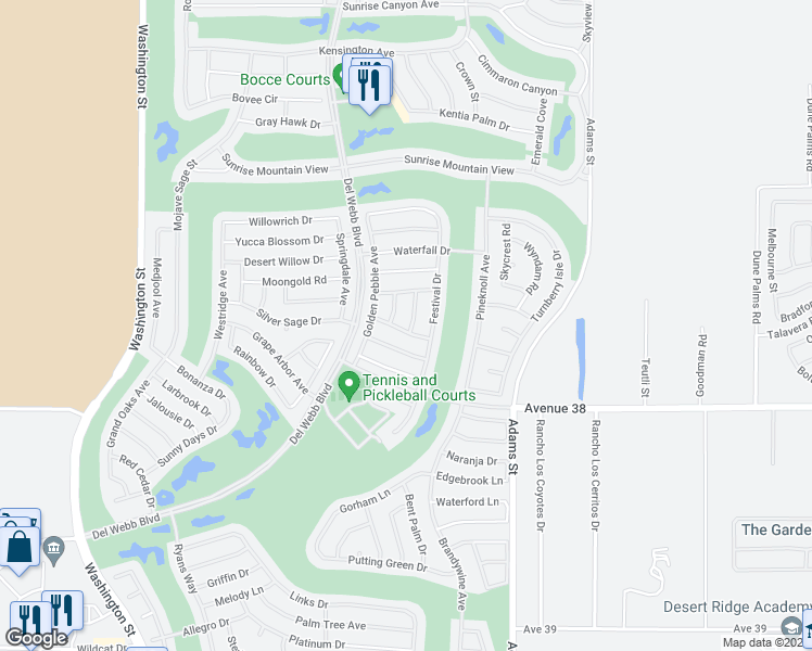 map of restaurants, bars, coffee shops, grocery stores, and more near 37597 Eveningside Road in Palm Desert