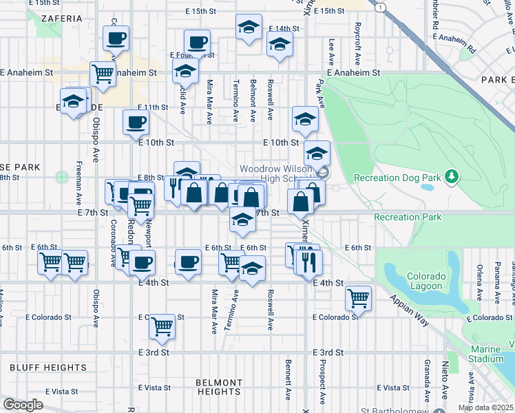 map of restaurants, bars, coffee shops, grocery stores, and more near 716 Belmont Avenue in Long Beach