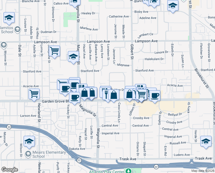 map of restaurants, bars, coffee shops, grocery stores, and more near 12861 Alamitos Way in Garden Grove