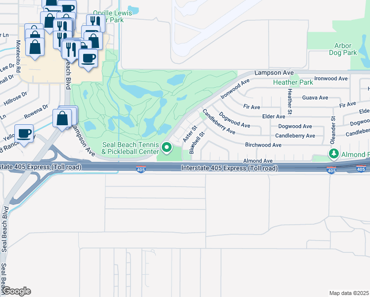 map of restaurants, bars, coffee shops, grocery stores, and more near 3570 Aster Street in Seal Beach