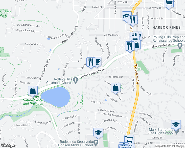 map of restaurants, bars, coffee shops, grocery stores, and more near 2102 Palos Verdes Drive North in Lomita