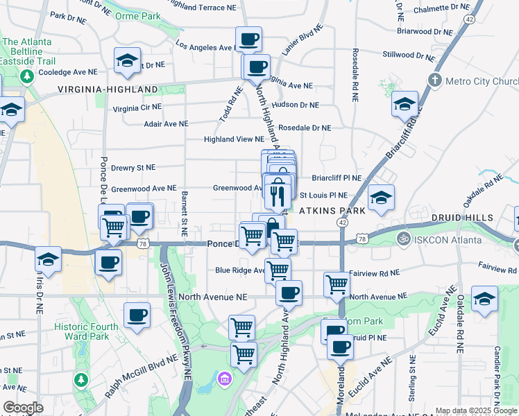map of restaurants, bars, coffee shops, grocery stores, and more near 1022 Saint Charles Avenue Northeast in Atlanta