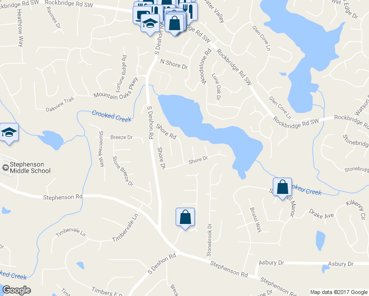 map of restaurants, bars, coffee shops, grocery stores, and more near 7074 Shore Road in Lithonia
