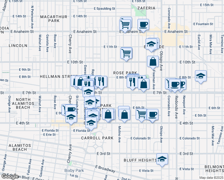 map of restaurants, bars, coffee shops, grocery stores, and more near 2603 East 7th Street in Long Beach