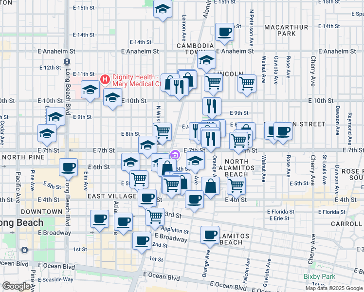 map of restaurants, bars, coffee shops, grocery stores, and more near 1041 East 7th Street in Long Beach