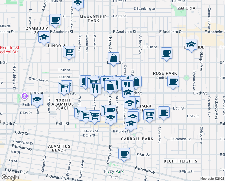 map of restaurants, bars, coffee shops, grocery stores, and more near 2009 East 7th Street in Long Beach