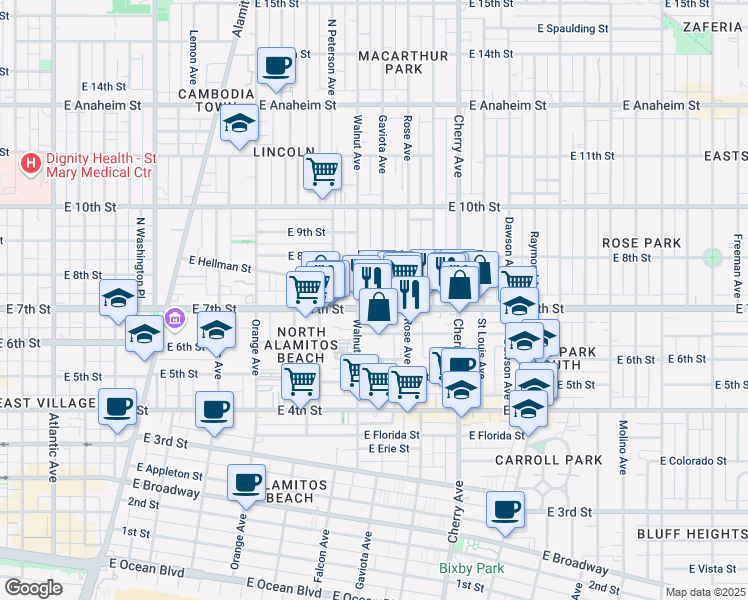 map of restaurants, bars, coffee shops, grocery stores, and more near 1613 East 7th Street in Long Beach
