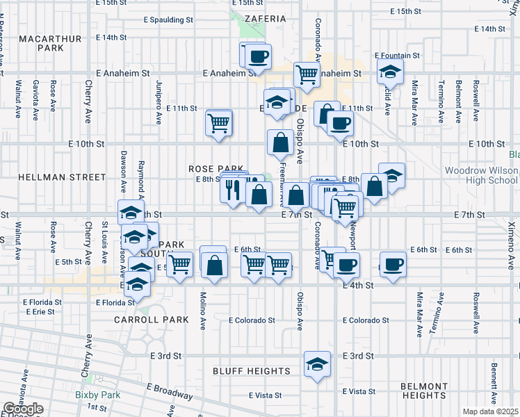 map of restaurants, bars, coffee shops, grocery stores, and more near 2925 East 7th Street in Long Beach