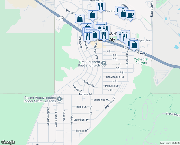 map of restaurants, bars, coffee shops, grocery stores, and more near 37583 Melrose Drive in Cathedral City