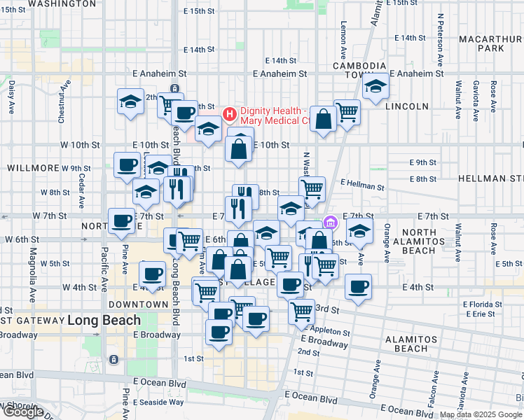 map of restaurants, bars, coffee shops, grocery stores, and more near 633 East 7th Street in Long Beach