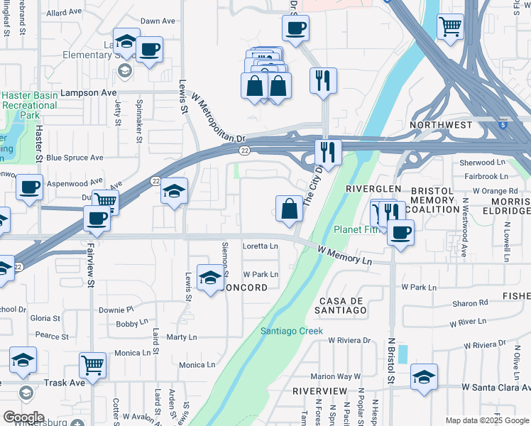 map of restaurants, bars, coffee shops, grocery stores, and more near 770 The City Drive South in Orange