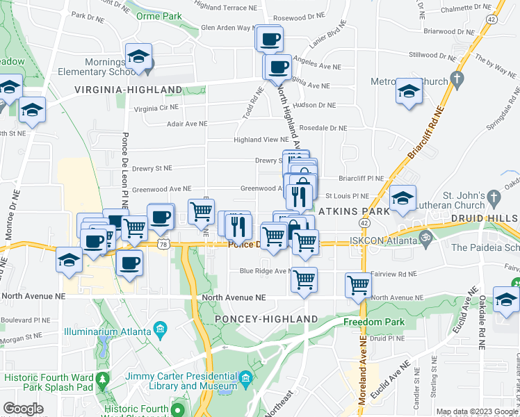 map of restaurants, bars, coffee shops, grocery stores, and more near 980 Saint Charles Avenue Northeast in Atlanta