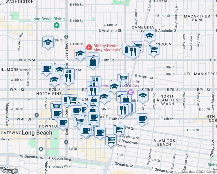 map of restaurants, bars, coffee shops, grocery stores, and more near 721 East 7th Street in Long Beach