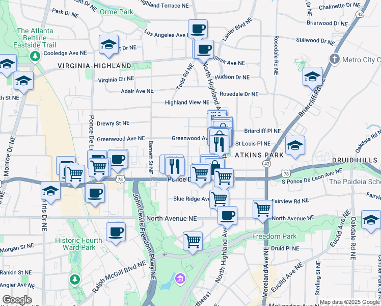 map of restaurants, bars, coffee shops, grocery stores, and more near 980 Saint Charles Avenue Northeast in Atlanta