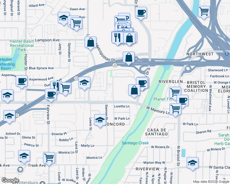map of restaurants, bars, coffee shops, grocery stores, and more near 831 South Park Vine Street in Orange