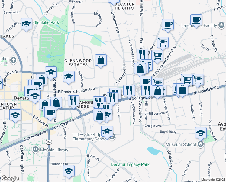 map of restaurants, bars, coffee shops, grocery stores, and more near 910 Sycamore Street in Decatur