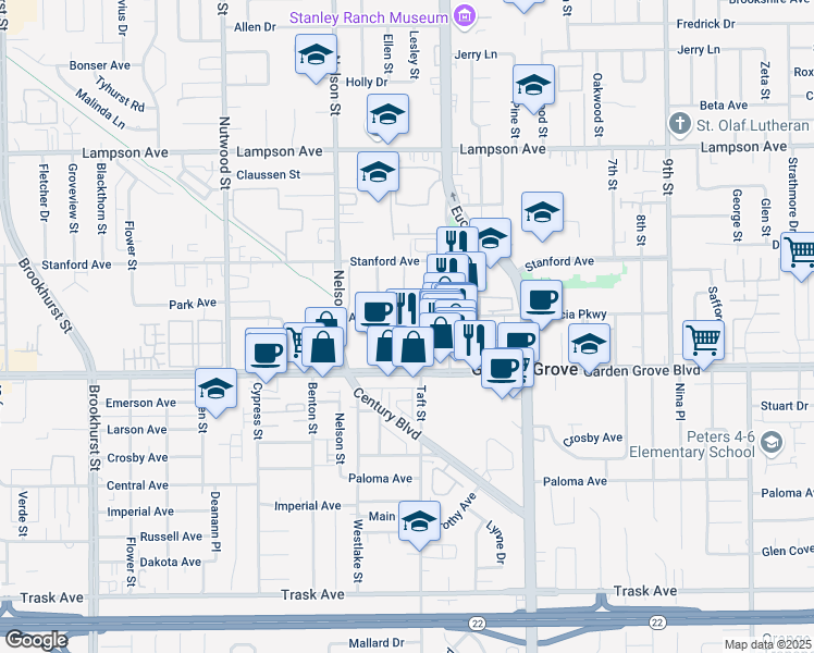 map of restaurants, bars, coffee shops, grocery stores, and more near 10936 Acacia Parkway in Garden Grove