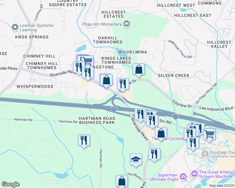 map of restaurants, bars, coffee shops, grocery stores, and more near 300 Riverside Parkway in Lithia Springs