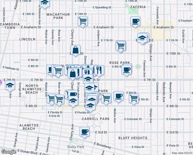 map of restaurants, bars, coffee shops, grocery stores, and more near 2317 East 7th Street in Long Beach