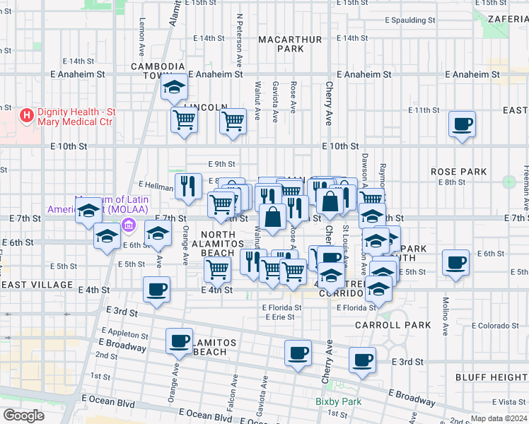 map of restaurants, bars, coffee shops, grocery stores, and more near 1613 East 7th Street in Long Beach