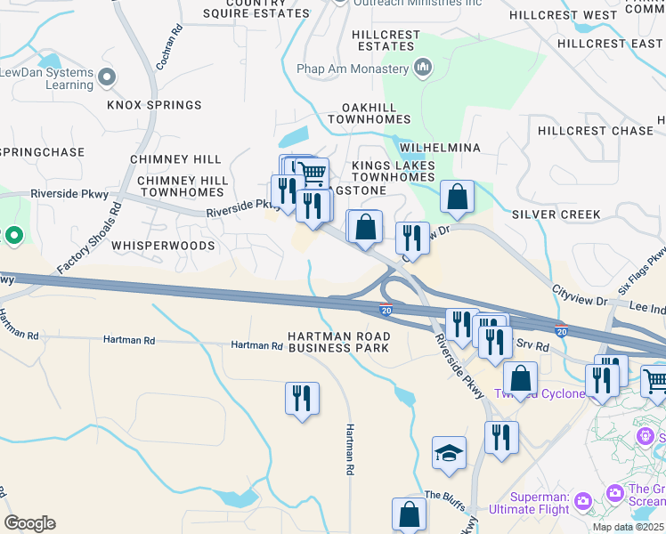 map of restaurants, bars, coffee shops, grocery stores, and more near 325 Riverside Parkway in Austell