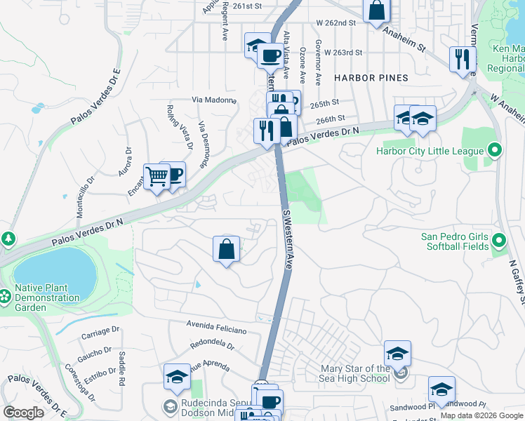 map of restaurants, bars, coffee shops, grocery stores, and more near 1836 Peninsula Verde Drive in Rancho Palos Verdes