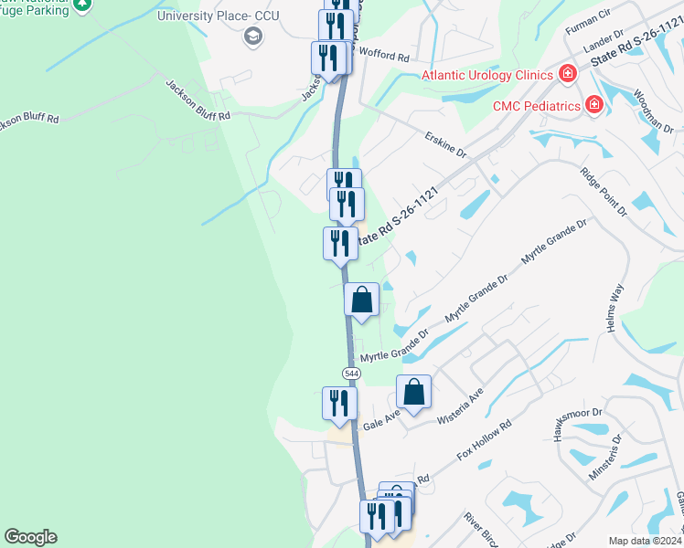 map of restaurants, bars, coffee shops, grocery stores, and more near 1536 Corporal Dennis Lyden Memorial Highway in Conway