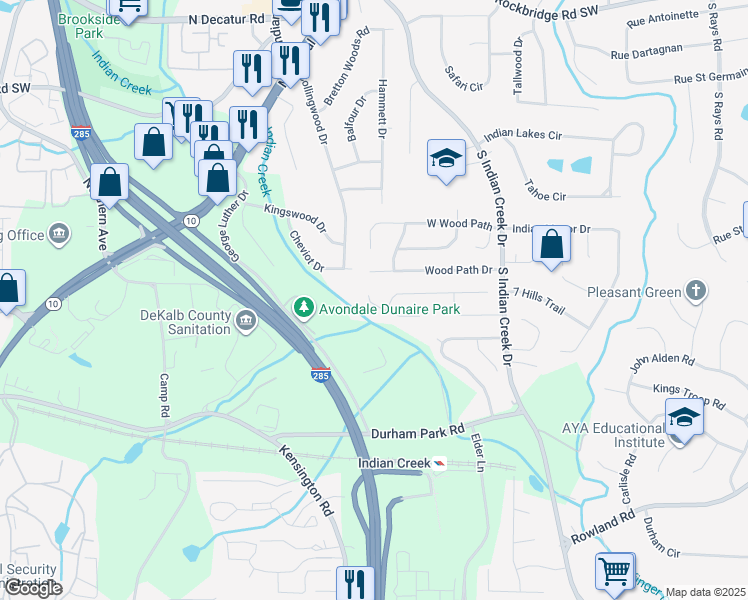 map of restaurants, bars, coffee shops, grocery stores, and more near 3846 Springleaf Court in Stone Mountain