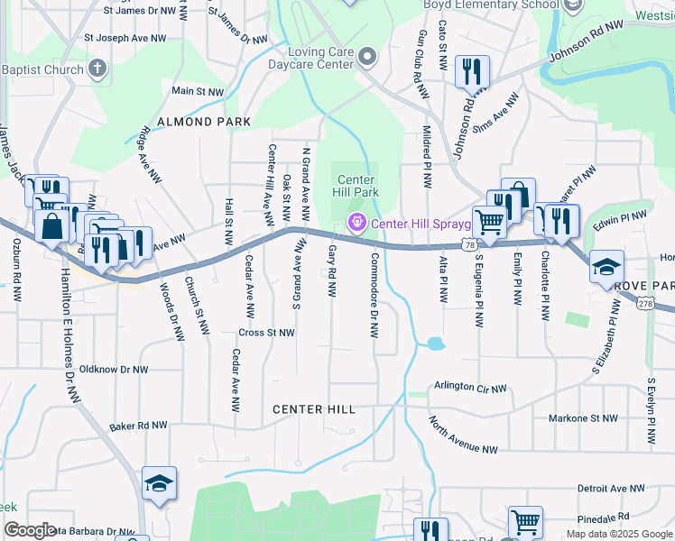 map of restaurants, bars, coffee shops, grocery stores, and more near 751 Gary Road Northwest in Atlanta