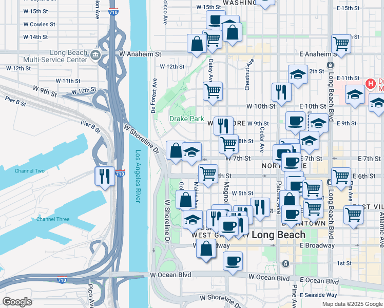 map of restaurants, bars, coffee shops, grocery stores, and more near 707 Maine Avenue in Long Beach