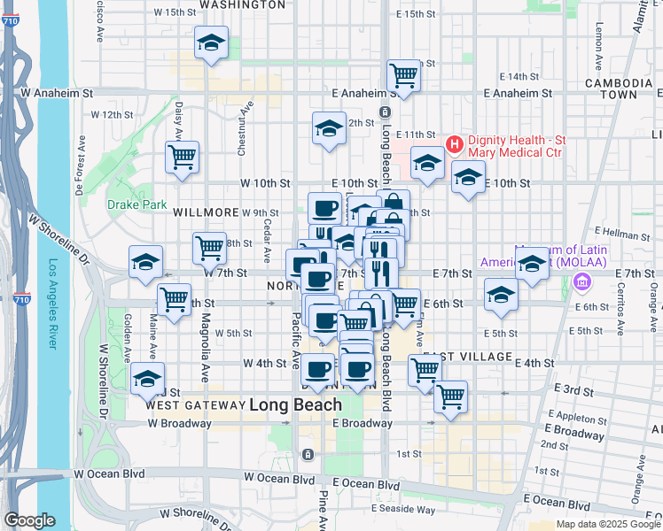 map of restaurants, bars, coffee shops, grocery stores, and more near 701 Pine Avenue in Long Beach