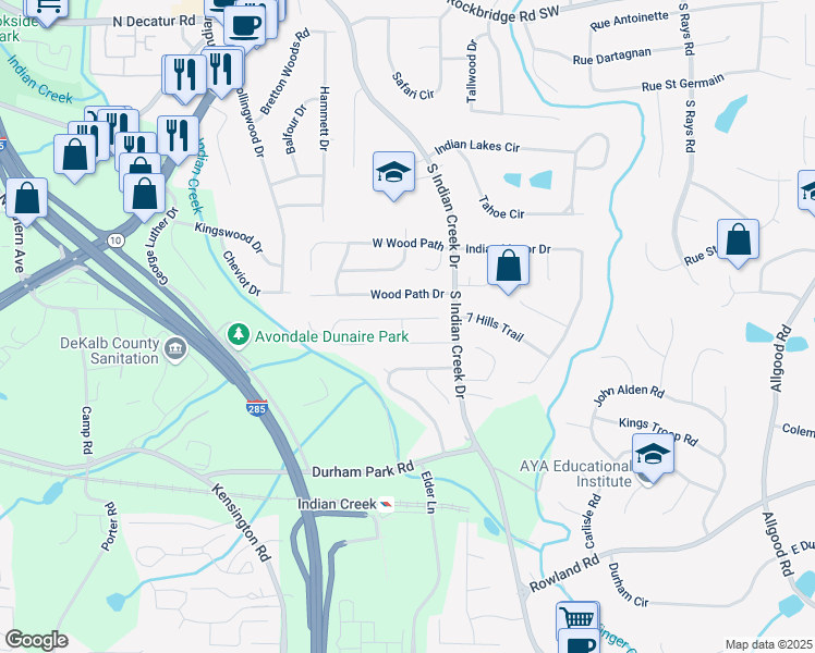 map of restaurants, bars, coffee shops, grocery stores, and more near 3927 Springleaf Drive in Stone Mountain