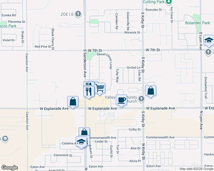 map of restaurants, bars, coffee shops, grocery stores, and more near 2121 Lavender Court in San Jacinto