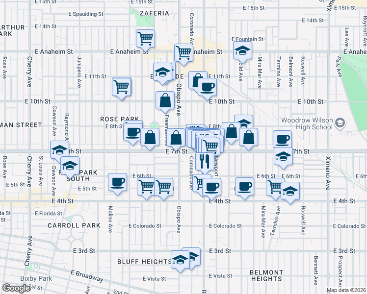 map of restaurants, bars, coffee shops, grocery stores, and more near 3307 East 7th Street in Long Beach