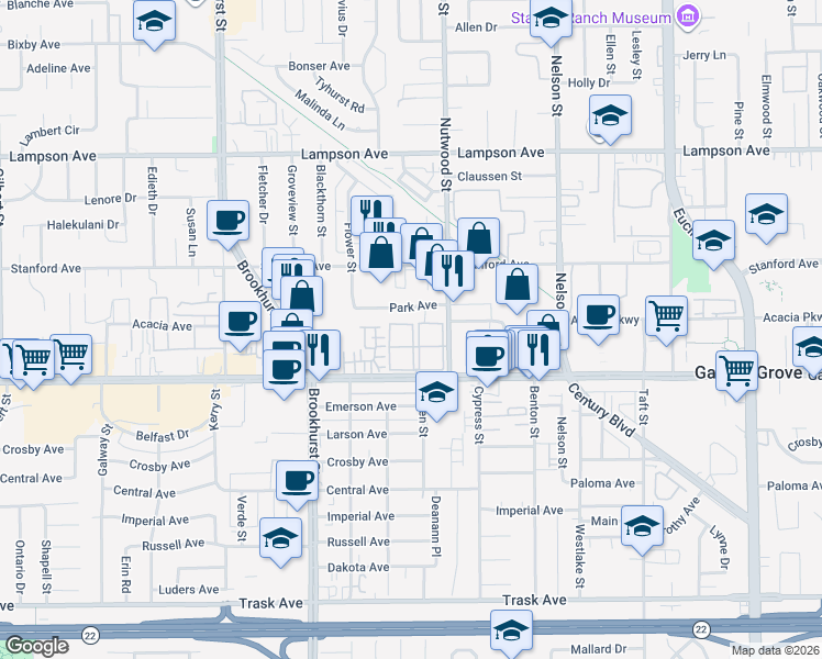 map of restaurants, bars, coffee shops, grocery stores, and more near 10371 Garden Grove Boulevard in Garden Grove