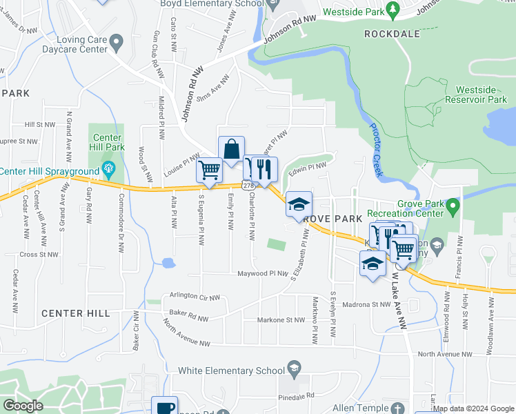map of restaurants, bars, coffee shops, grocery stores, and more near 753 Charlotte Place Northwest in Atlanta