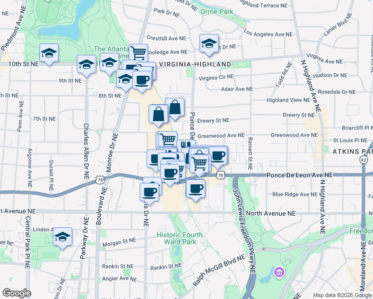 map of restaurants, bars, coffee shops, grocery stores, and more near 784 Ponce De Leon Place Northeast in Atlanta