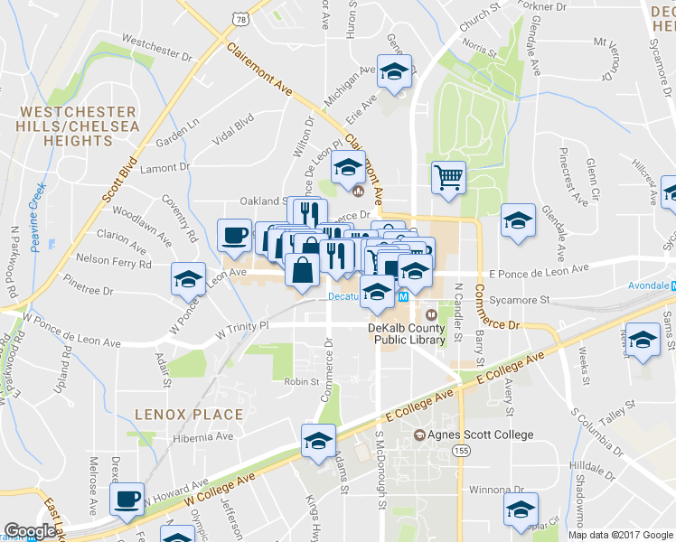 map of restaurants, bars, coffee shops, grocery stores, and more near 208-220 West Ponce de Leon Avenue in Decatur
