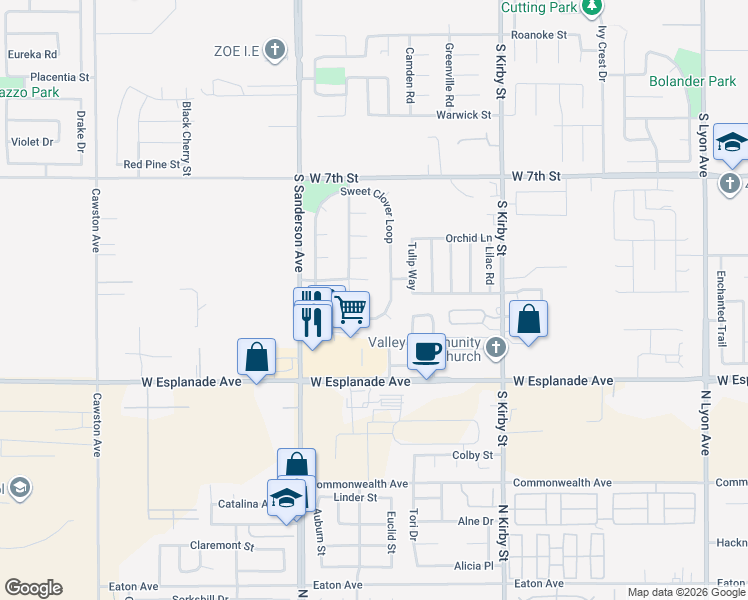 map of restaurants, bars, coffee shops, grocery stores, and more near 2121 Lavender Court in San Jacinto
