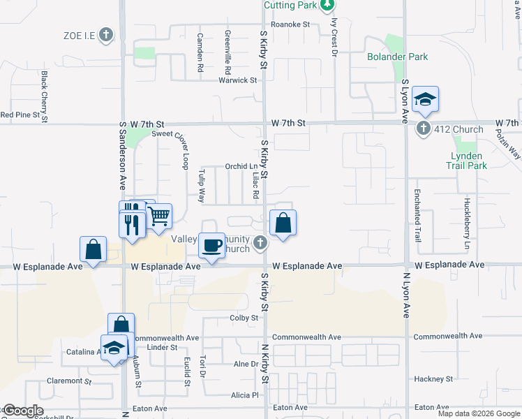 map of restaurants, bars, coffee shops, grocery stores, and more near 1220 South Kirby Street in San Jacinto