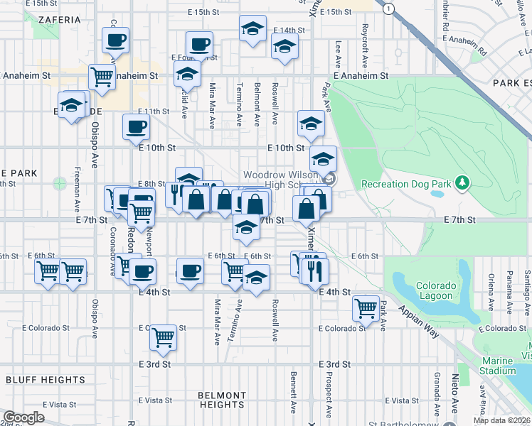 map of restaurants, bars, coffee shops, grocery stores, and more near 4107 East 7th Street in Long Beach