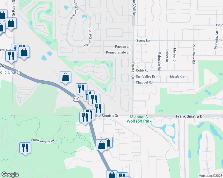 map of restaurants, bars, coffee shops, grocery stores, and more near 375 Andorra Way in Cathedral City