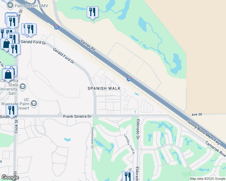 map of restaurants, bars, coffee shops, grocery stores, and more near 265 Paseo Gusto in Palm Desert