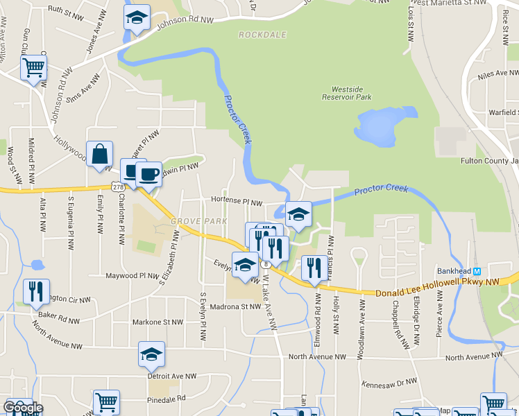 map of restaurants, bars, coffee shops, grocery stores, and more near 1710 Hortense Place Northwest in Atlanta