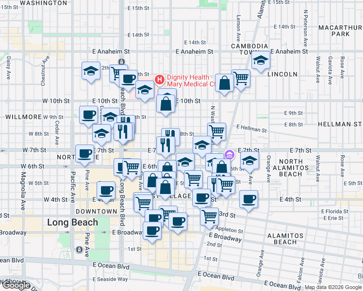 map of restaurants, bars, coffee shops, grocery stores, and more near 635 East 7th Street in Long Beach