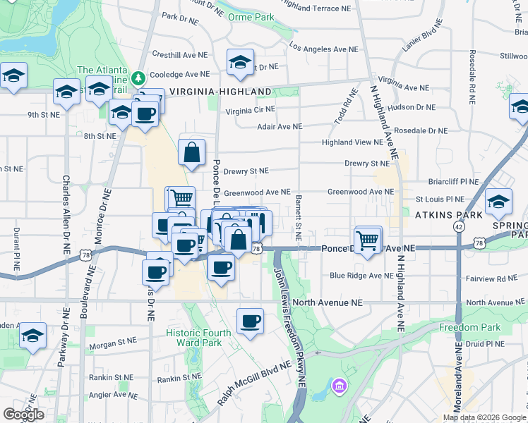 map of restaurants, bars, coffee shops, grocery stores, and more near 812 Saint Charles Avenue Northeast in Atlanta