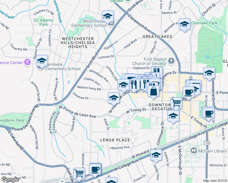 map of restaurants, bars, coffee shops, grocery stores, and more near 218 Nelson Ferry Road in Decatur